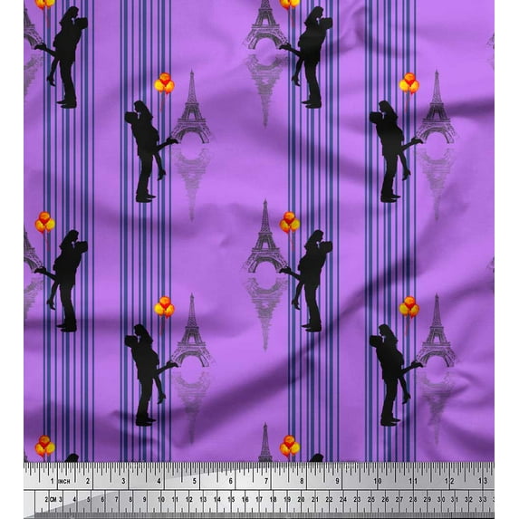 Soimoi Purple Rayon Fabric Stripes & Eiffel Tower Love Printed Craft Fabric by the Yard 56 Inch Wide
