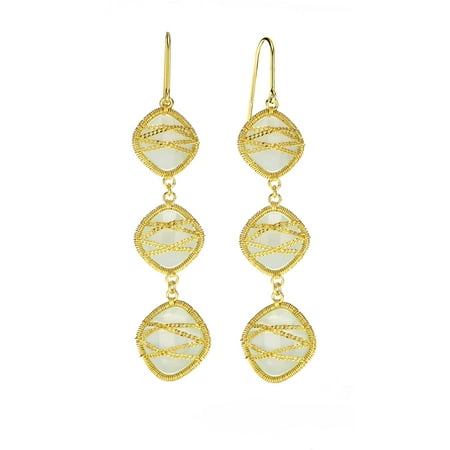 5th & Main 18kt Gold over Sterling Silver Hand-Wrapped Triple-Drop Squared Chalcedony Stone Earrings