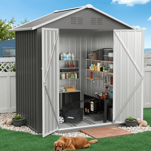 6' x 4' Outdoor Storage Shed with Base, ENYOPRO Galvanized Metal Garden Tool Shed with Lockable Double Doors, Sloped Roof & Vent for Backyard Patio Lawn, Gray