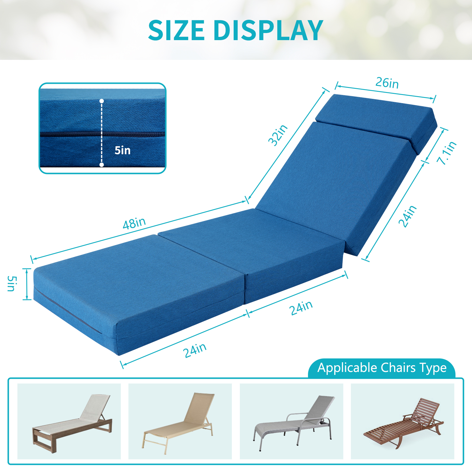 MOPHOTO 2 Pcs Chaise Lounge Cushions Outdoor, 80x26x5 Inch Thick Waterproof Outdoor Furniture Cushions with Removable Cover, Patio Lounge Chair Cushions for Outdoor Furniture, Blue