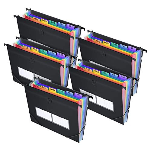 Black Letter Size Retractable Hooks Rainbow Paper Document Organizer with 35 Pocket Assorted Colors Hanging Organizer File Folders Plastic Accordion File Expanding File Folder Filing Cabinet 5Pack 