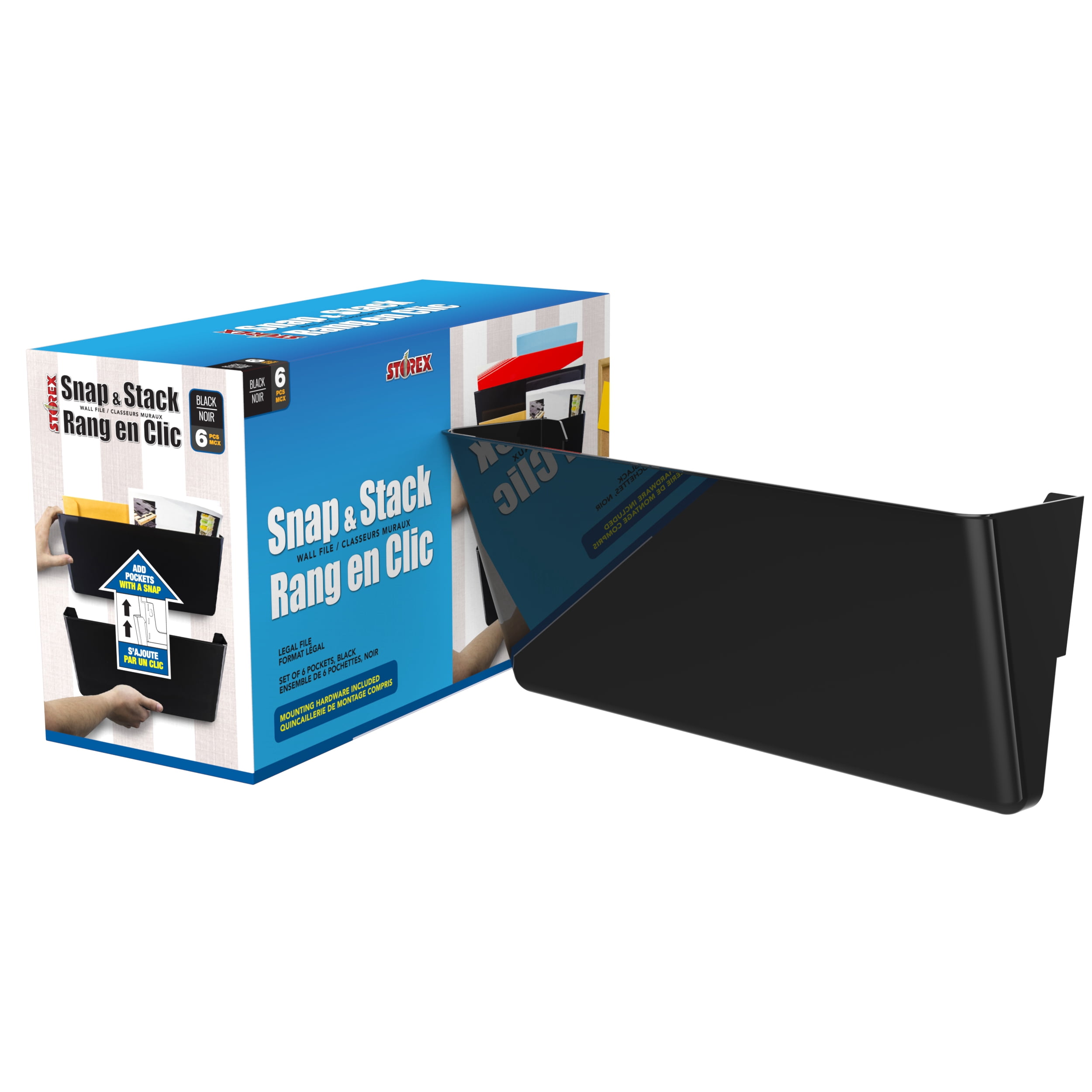 Storex Legal-Size Wall Pocket, Plastic File Organizer, Black, Set of 6, 4-Pack