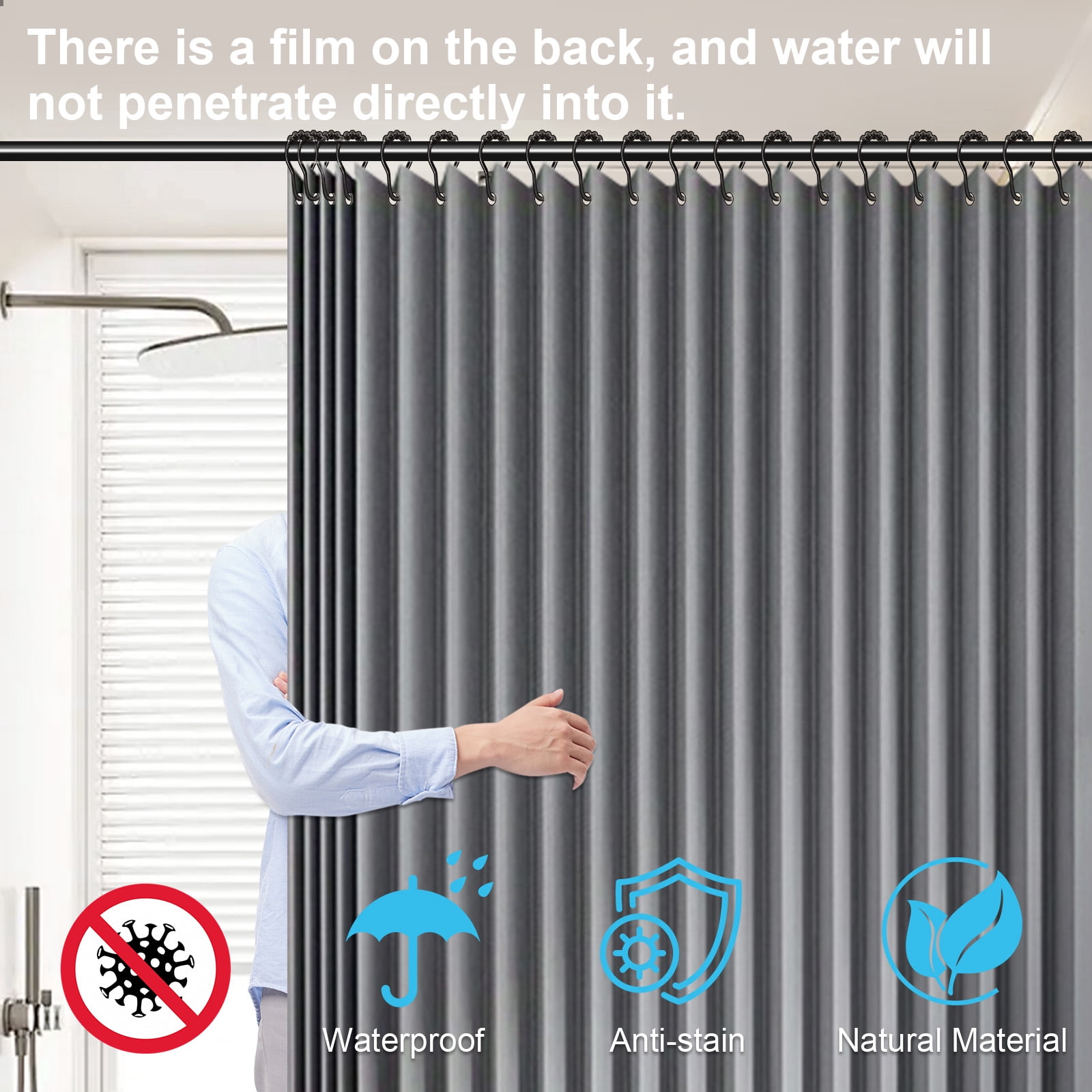Foldable Magnetic Shower Curtain |Grey Dual-Side Magnetic 180×200cm, Tool-Free Waterproof, RV/Bathroom Dry-Wet Separation Partition Curtain