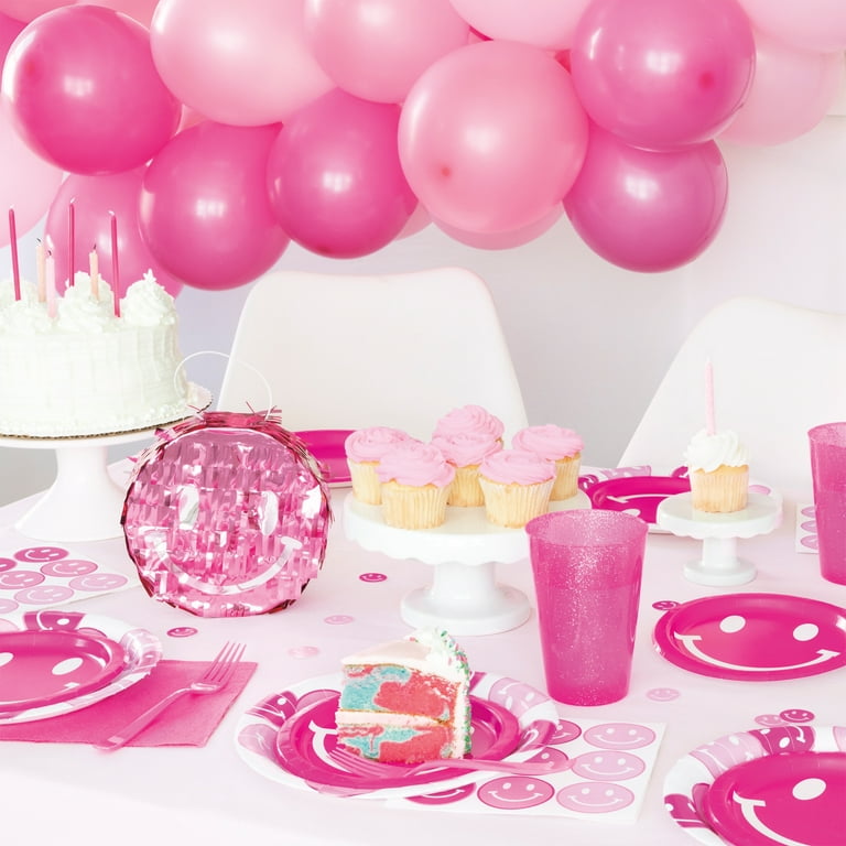 Way to Celebrate! Cheerful Pink Paper Birthday Party Tableware and Decoration Kit for 10
