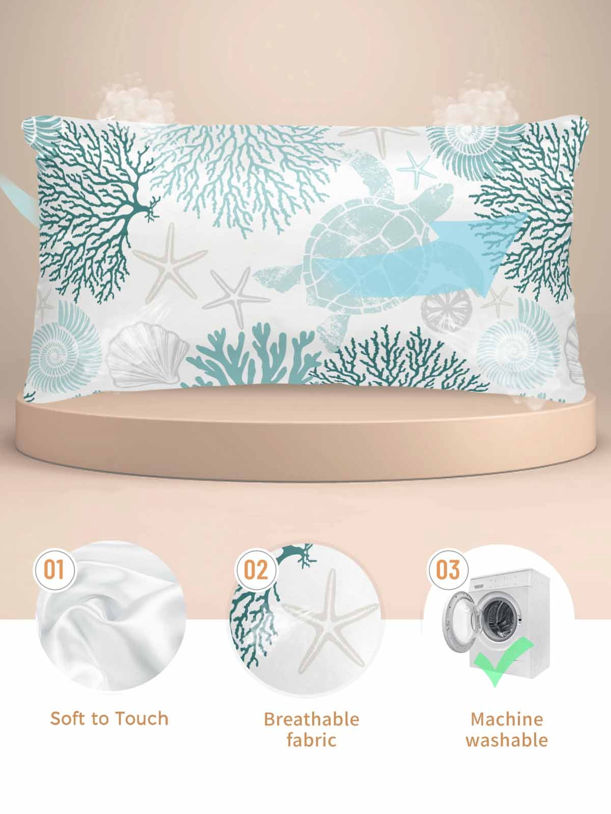 Teal Green Coastal Turtle Pillow Cases Cal King Size, Smooth Satin Pillowcase for Hair and Skin, Ocean Coral Nautical Decorative Cooling Bed Pillow Covers with Zipper, 20x40 Inches