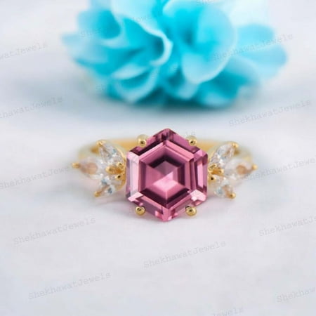 SHEKHAWATJEWELS 8 mm/ 2 Ct Hexagon Cut Pink Sapphire Cluster Diamond Ring Yellow Gold Plated Silver Engagement Ring For Bridal Proposal Wedding Gift For Her