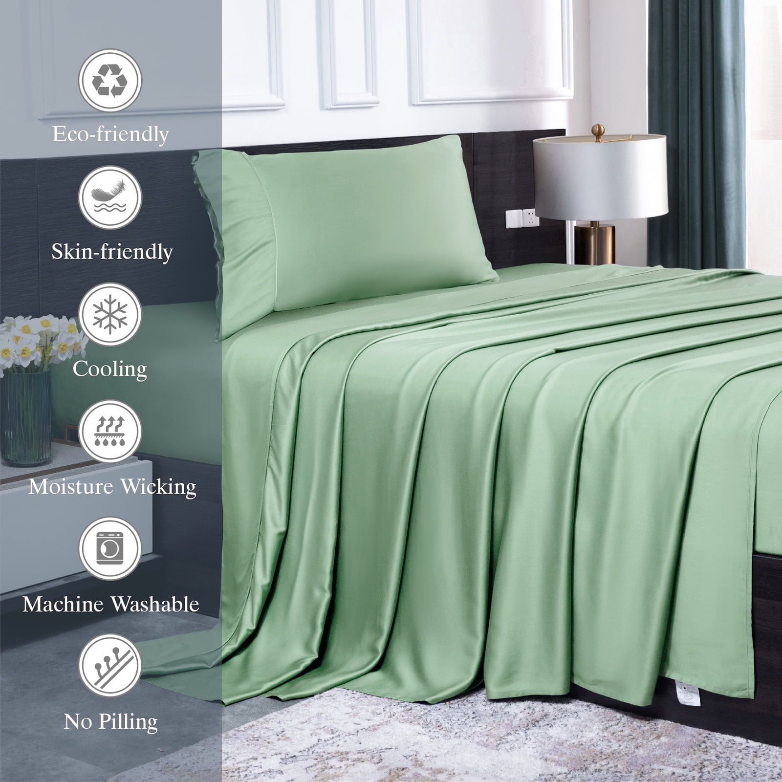 Lidoloka Luxury Bamboo Bed Sheets Set Twin 3Pcs for Adult,Soft&Cool,16" Deep Pocket,Green