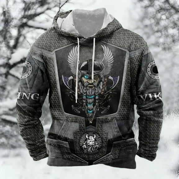 KANG European Norse Mythology Hooded Retro Casual Printed Hooded Sweatshirt