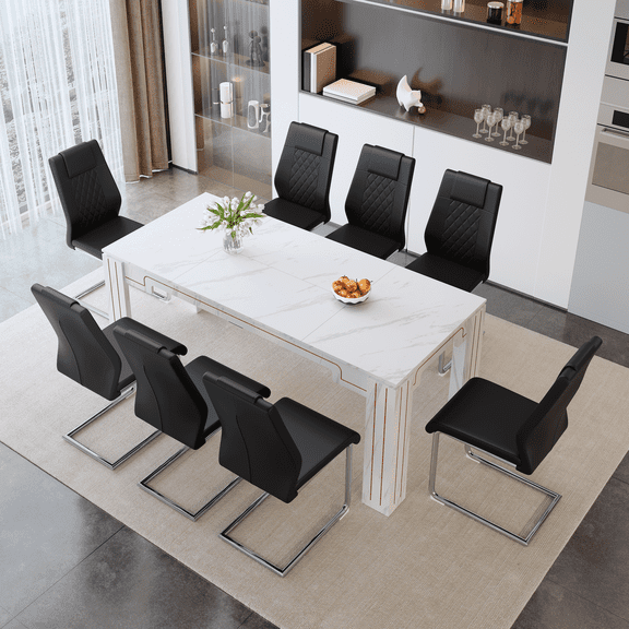 StnTalk Dining Table Set for 8, 71" Modern Dining Room Set with Upholstered Cantilever Chairs, 9 Piece Kitchen Table Set for Family Gatherings