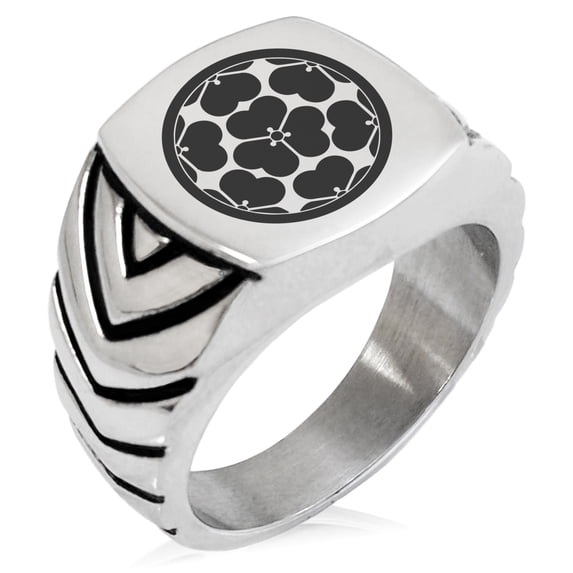 Stainless Steel Chosokabe Samurai Crest Chevron Pattern Biker Style Polished Ring