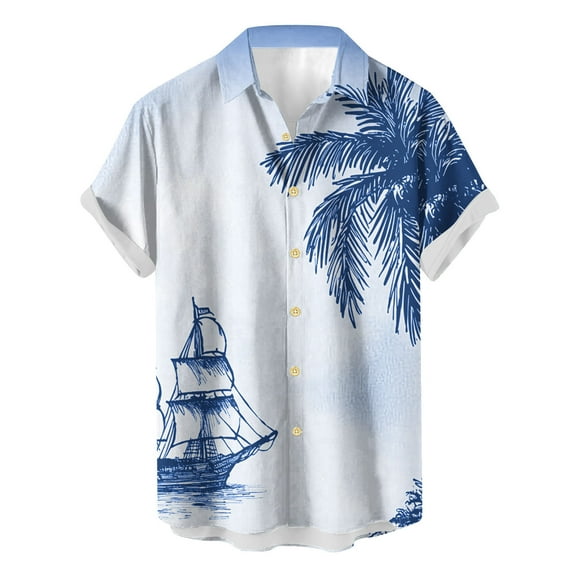 AHTJRT Stylish Men's Camouflage Print Button Down Short Sleeve Shirt Blue L