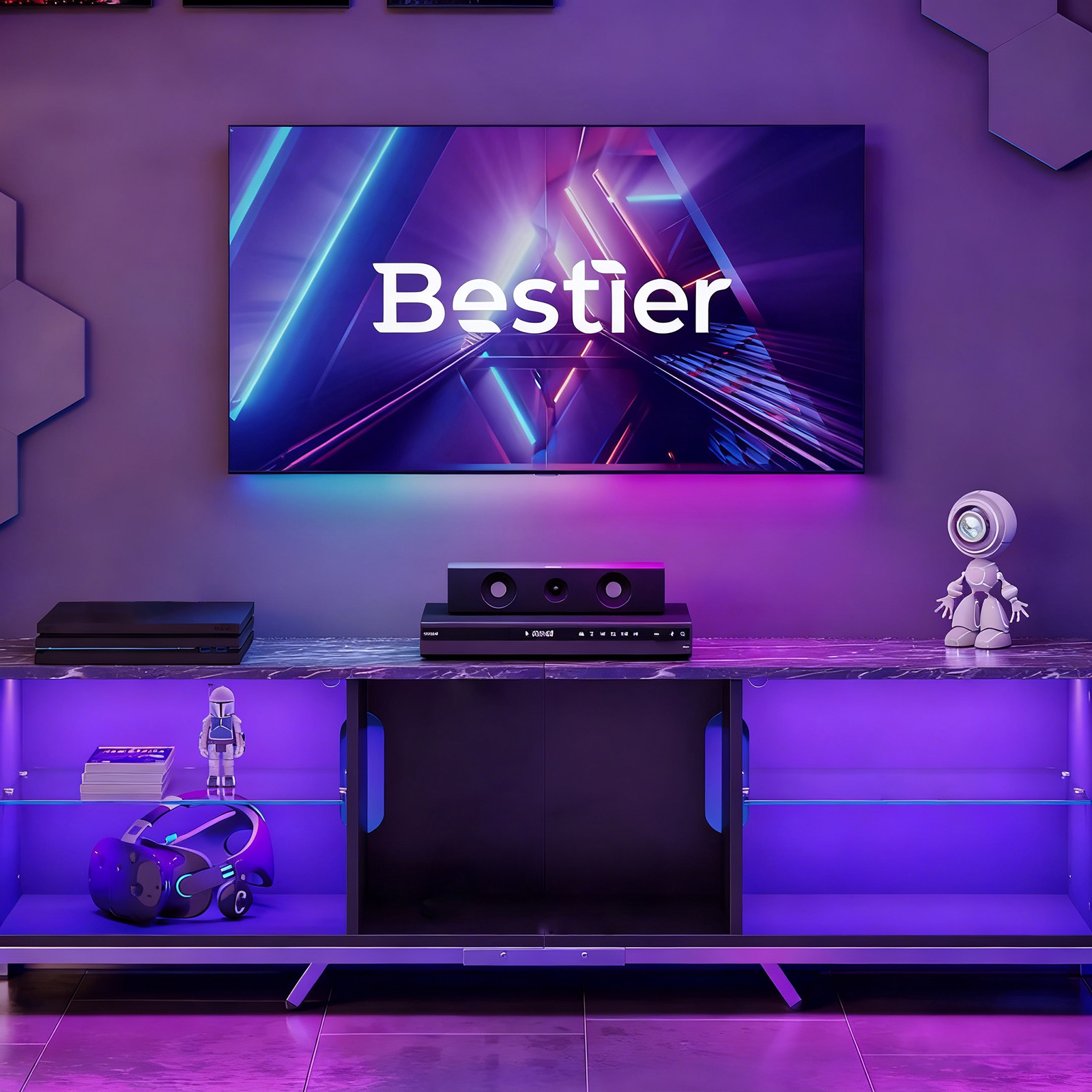 Bestier 70" TV Stand for TVs up to 80" with LED Lights Modern Gaming Entertainment Center, Black Marble