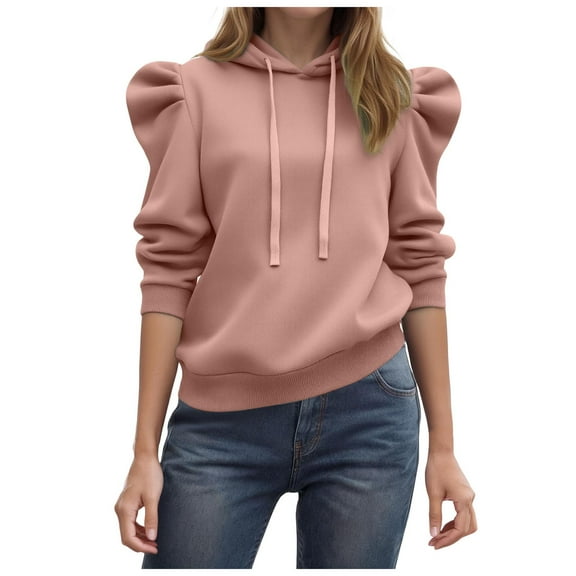 felwors Women's Trendy Puff Long Sleeve Drawstring Hoodies Trendy Fall Winter Casual Pullover Sweatshirts for Women 2025 Pink, L