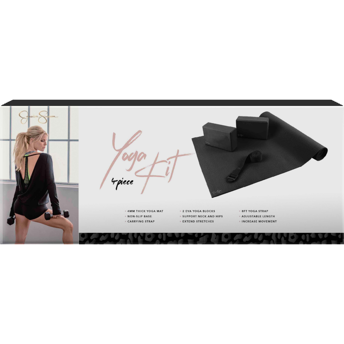 Jessica Simpson 4-Piece Essential Yoga Kit, 4mm Mat, Blocks, Strap