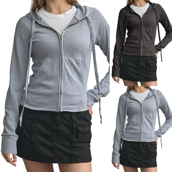 Gyexs Crop Hoodies for Women Zip Up Ribber Knit Y2k Jackets Aesthetic Slim Fit Crop Top Hooded Sweatshirt with Pockets, GY1, Size S