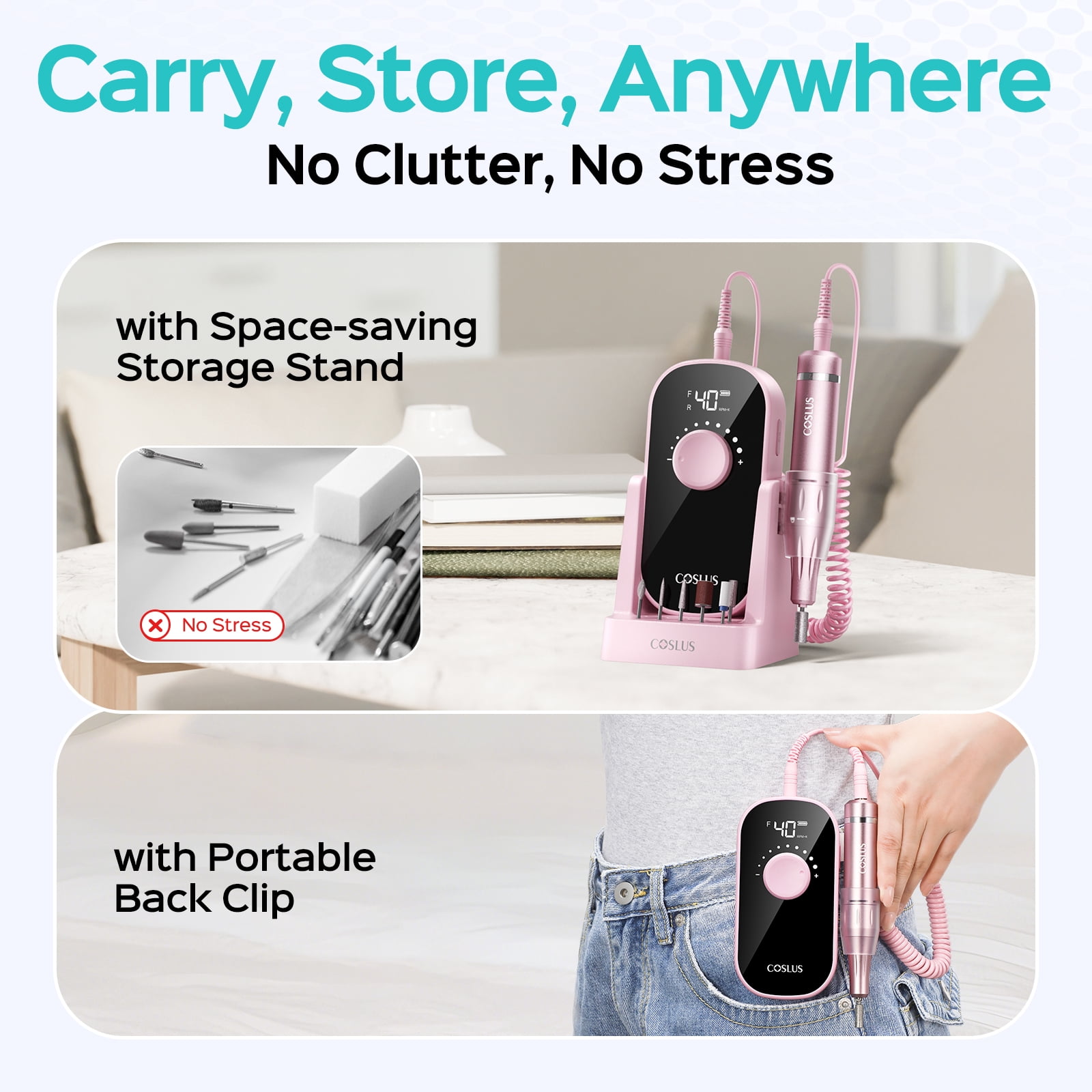 COSLUS Electric Nail Drill,40000 RPM Portable Nail File with Storage Stand,for Acrylic Gel,Pink