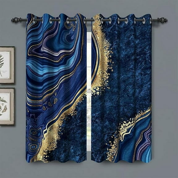 Navy Blue Gold Marble Blackout Window Curtains, Luxury Wavy Design, Grommets, Bedroom & Living Room 42"W x 63"L (Pack of 2)
