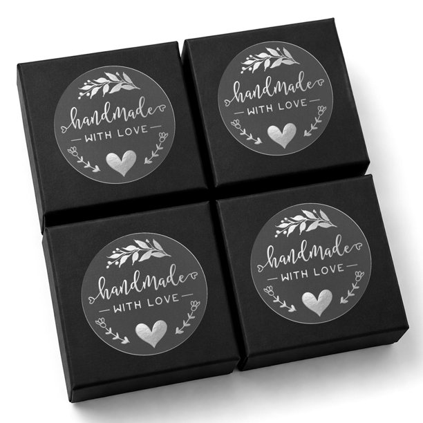 Stickers hechos a mano con amor 100 pzas, foil plateado transparente