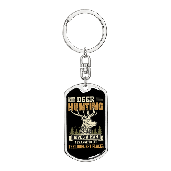 Man Deer Hunter'S Keychain Stainless Steel or 18k Gold Dog Tag Keyring
