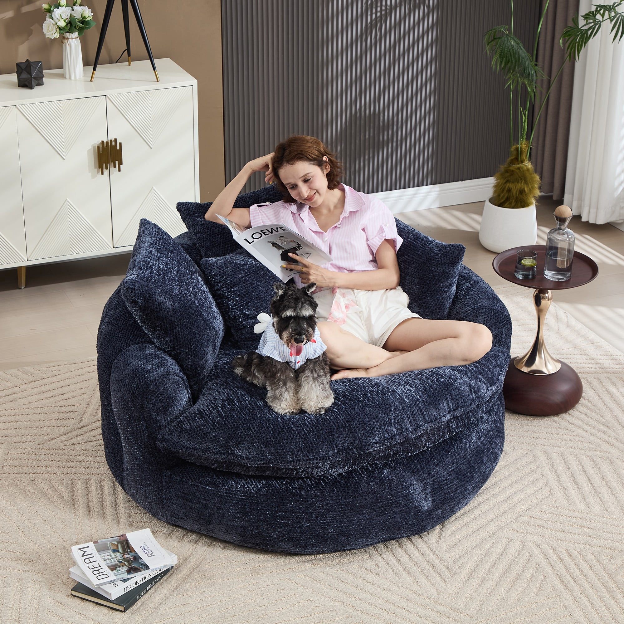 Aukfa 55" Oversized Round Chaise Lounge Chair, Fluffy Deep Seat Cloud Floor Sofa, Modern No Assembly Couch, Dark Blue