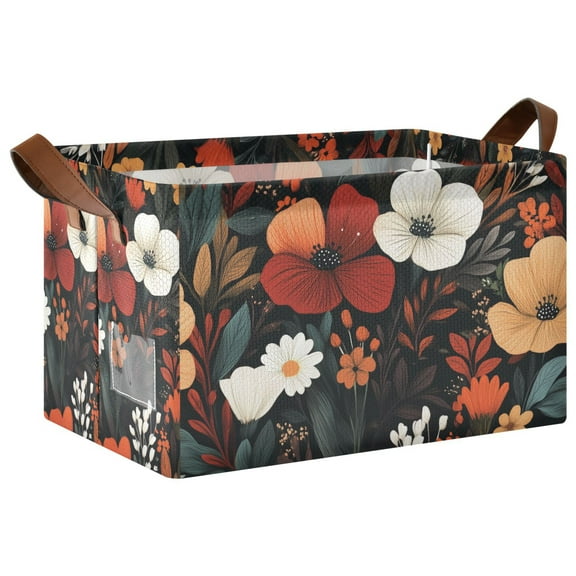 Yayeee Foldable Storage Basket for Shelves with Handles Waterproof Cloth Bins, Red Flowers Pattern