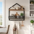 thumbnail image 3 of HOOBRO Industrial 2-Tier Floating Wall Shelf with Hooks & Metal Mesh Guard, Walnut and Black, 3 of 8