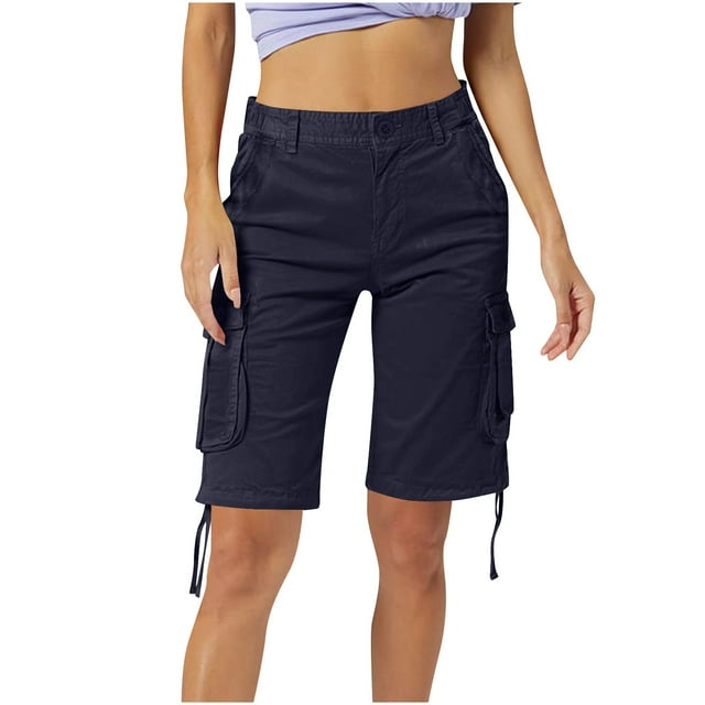 HOZADOIE Womens Cargo Pants Spring Summer Solid Color Fashionable Button Zip Waistband Minimalist 5 Inseam Straight Leg Casual Shorts with Multi Pockets