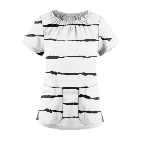 

EKOUSN Scrub Top Women Lace-up V Neck Cartoon Pattern Tops Nursing Working Uniform Short Sleeve T-Shirts