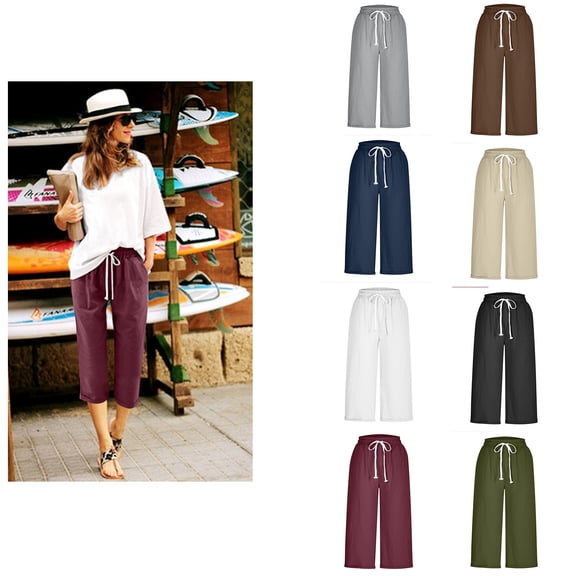 Qzwdhjm Linen Capri Pants for Women Drawstring Elastic Waist Straight Leg Capris Solid Loose Casual Pants for Summer Holidays