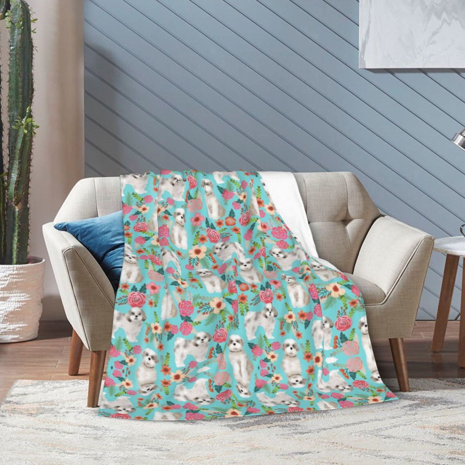 Wijzvio Shih Tzu Dogs Lovers Flower Floral Throw Blanket Soft Fuzzy Fleece Blanket For Couch Bed Living Room Decoration 50"X40"