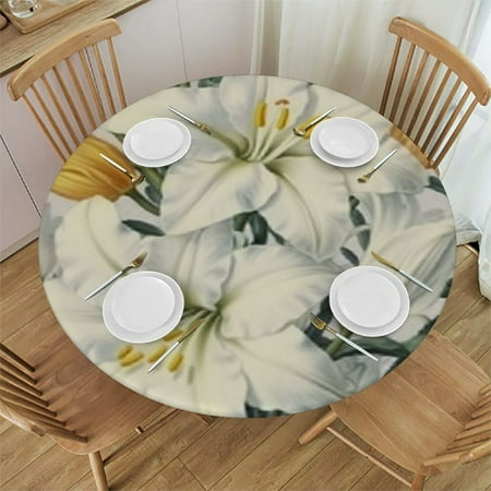 

Vintage Elegant Floral Waterproof Table Cloth Round Cover Outdoor Fitted Round Tablecloth with Elastic Spring Lily Flower Oilcloth Table Covers