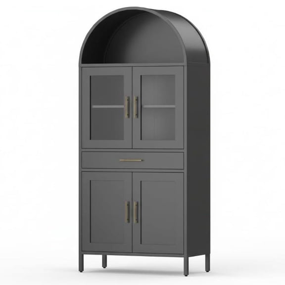 Gaderth 73'' Arched Cabinet with Glass Doors, Skinny Arch Bookcase, Metal Kitchen Pantry with Storage Drawer&Shelves, Modern Display Bookcase for Living Room, Dining Room