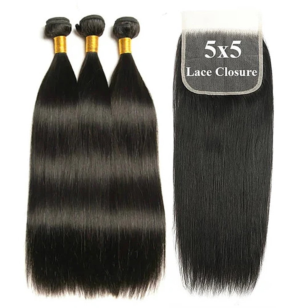 5x5 Lace Closure Straight, Brazilian Virgin Human Hair 3 Bundles (10 12 14)