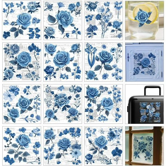 12 Sheets Blue Roses Rub on Stickers Crafts and Furniture 12 Styles Vintage Floral Rub on Transfer Stickers PVC Flower Designs Decals