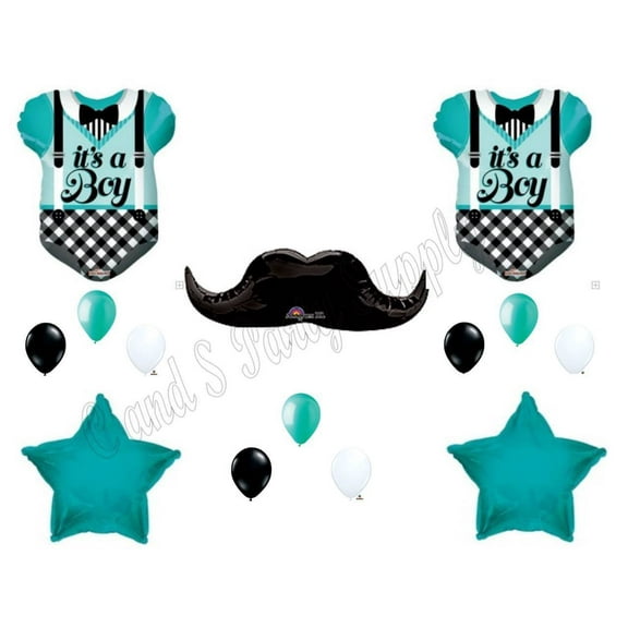 AQUA IT'S A BOY MUSTACHE & ONESIE Baby Shower Balloons Decoration Supplies Newborn