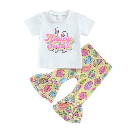 

Sunisery Toddler Baby Girl Easter Outfit Happy Easter Short Sleeve Top + Easter Eggs Flare Pants Sets White 6-12 Months