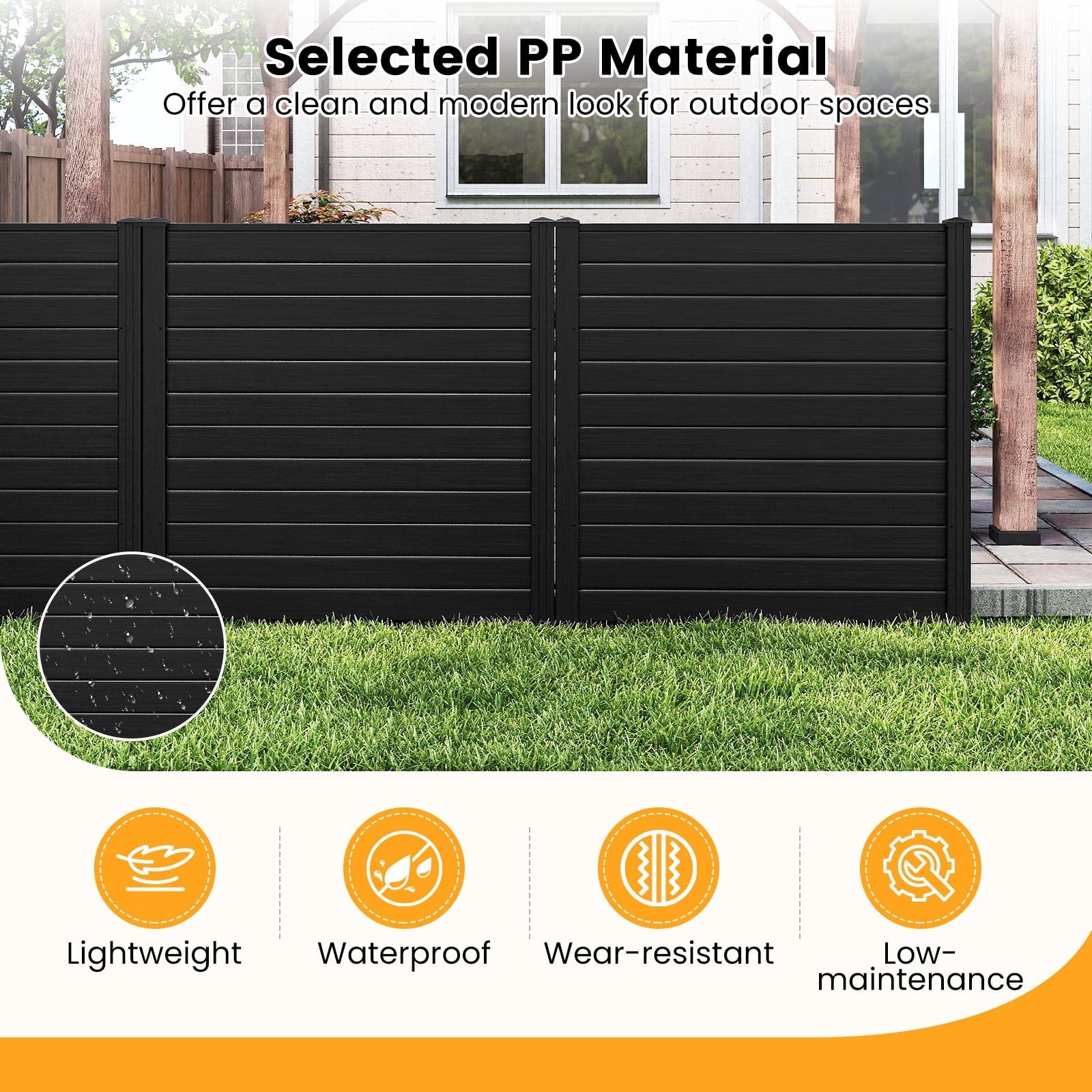 Topbuy 2PCS Outdoor Privacy Fence Panel 2 Picket PVC Decorative Fence w/3 Cuspidal Stakes Trash Enclosure & Freestanding Fence for Garden Black