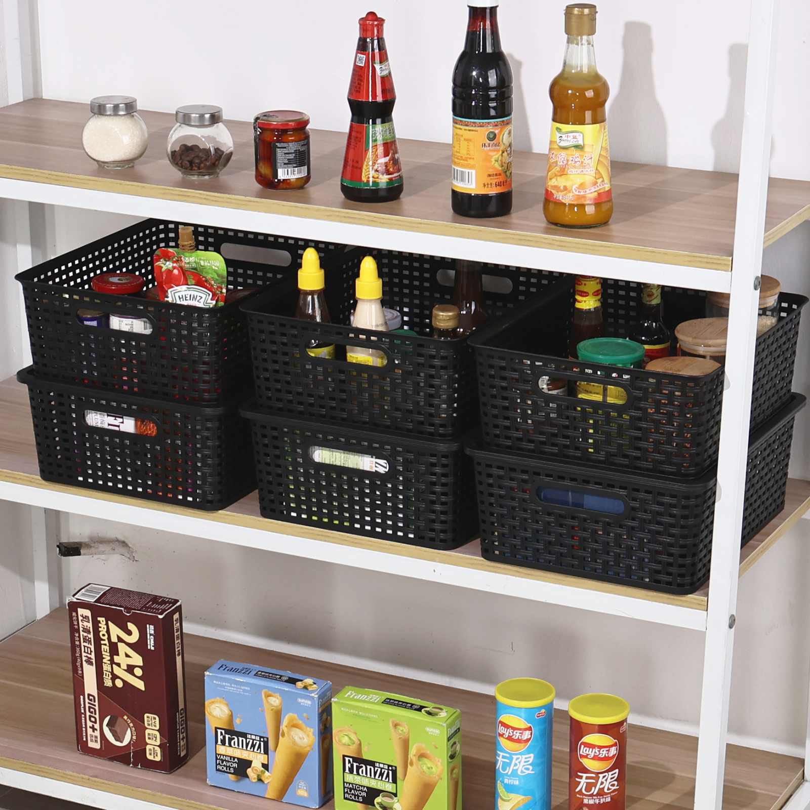 Idotry 6 Pack Large Stackable Storage Baskets with Lids, Plastic Lidded Storage Basket Bins for Shelves Closet Bathroom, 13.86"x 11.42"x 5.24", Black