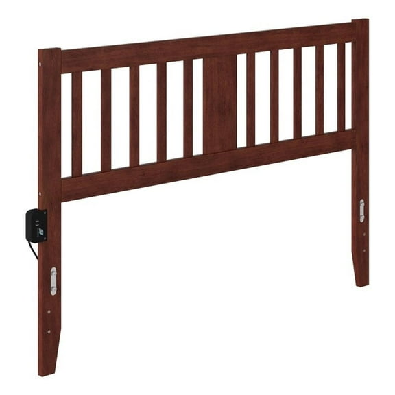 Pemberly Row Queen Spindle Solid Wood Headboard with USB Charger in Walnut