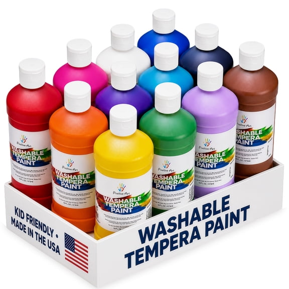 Positive Art Washable Tempera Paint for Kids, 12 Colors, 16 oz Bottles