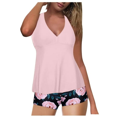 IDALL Bikini Sets Bathing Suit Women s Tankini High Waist High Neck Halter Tummy Control Two Piece Swimsuit High Waisted Bikini Sets Womens Swimwear Hot Pink L