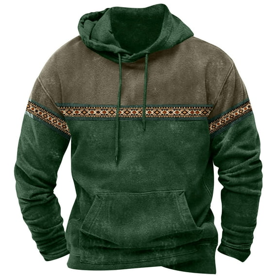 Mens Hoodies Colour Block Vintage Ethnic Style Printed Pullover Hooded Sweatshirts with Pockets Fall Sweatshirts Work Wear Sweaters Hoody Long Sleeve Tops Hoodie for Men