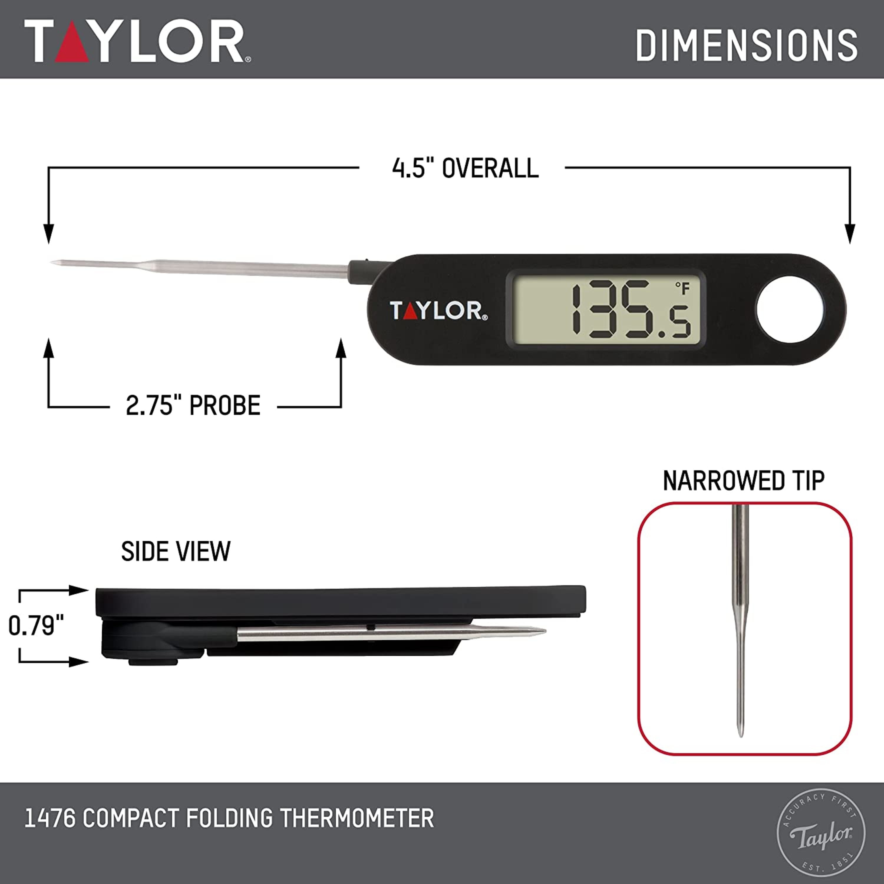 Taylor Instant Read Analog Meat Food Grill BBQ Cooking Kitchen Thermometer  with Red Pocket Sleeve for Calibration, 1 inch dial, Stainless Steel