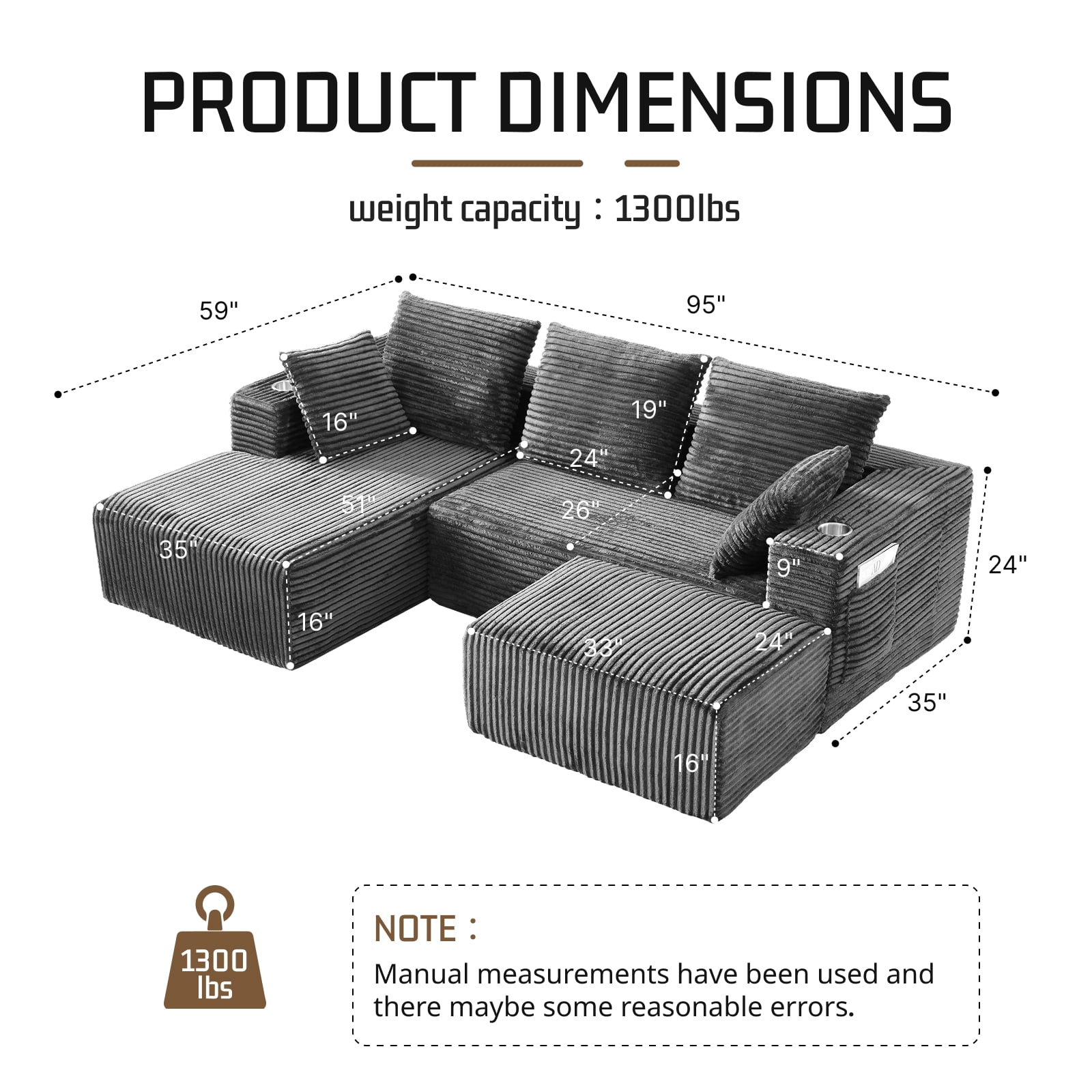 95'' 4 Seater Boneless L Shape Modular Sofa Couch with 4 Pillows, 2 Cup Holders and Ottoman