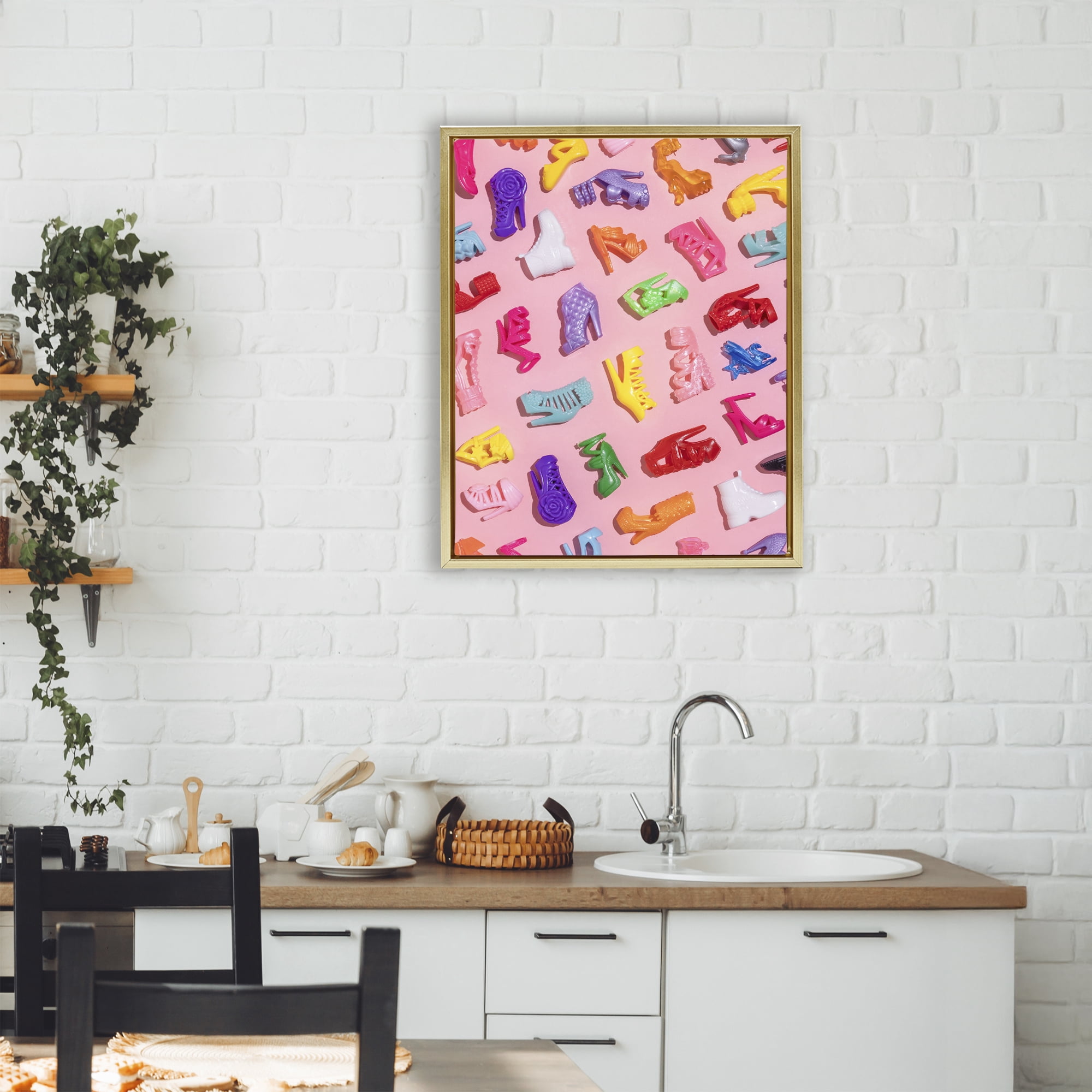 Stupell Industries Tiny Colorful Doll Shoes Gold Framed Floater Canvas Wall Art, design by LISH Creative