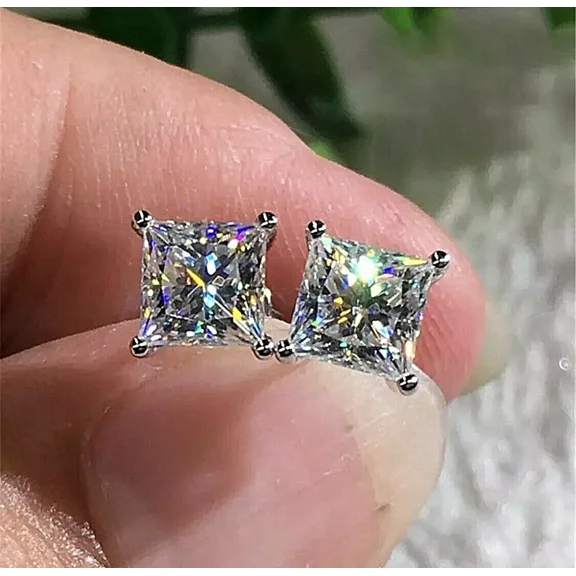 2.00 Ct Princess Cut Simulated Diamond Stud Earrings in 14K White Gold Over Sterling Silver - 6mm