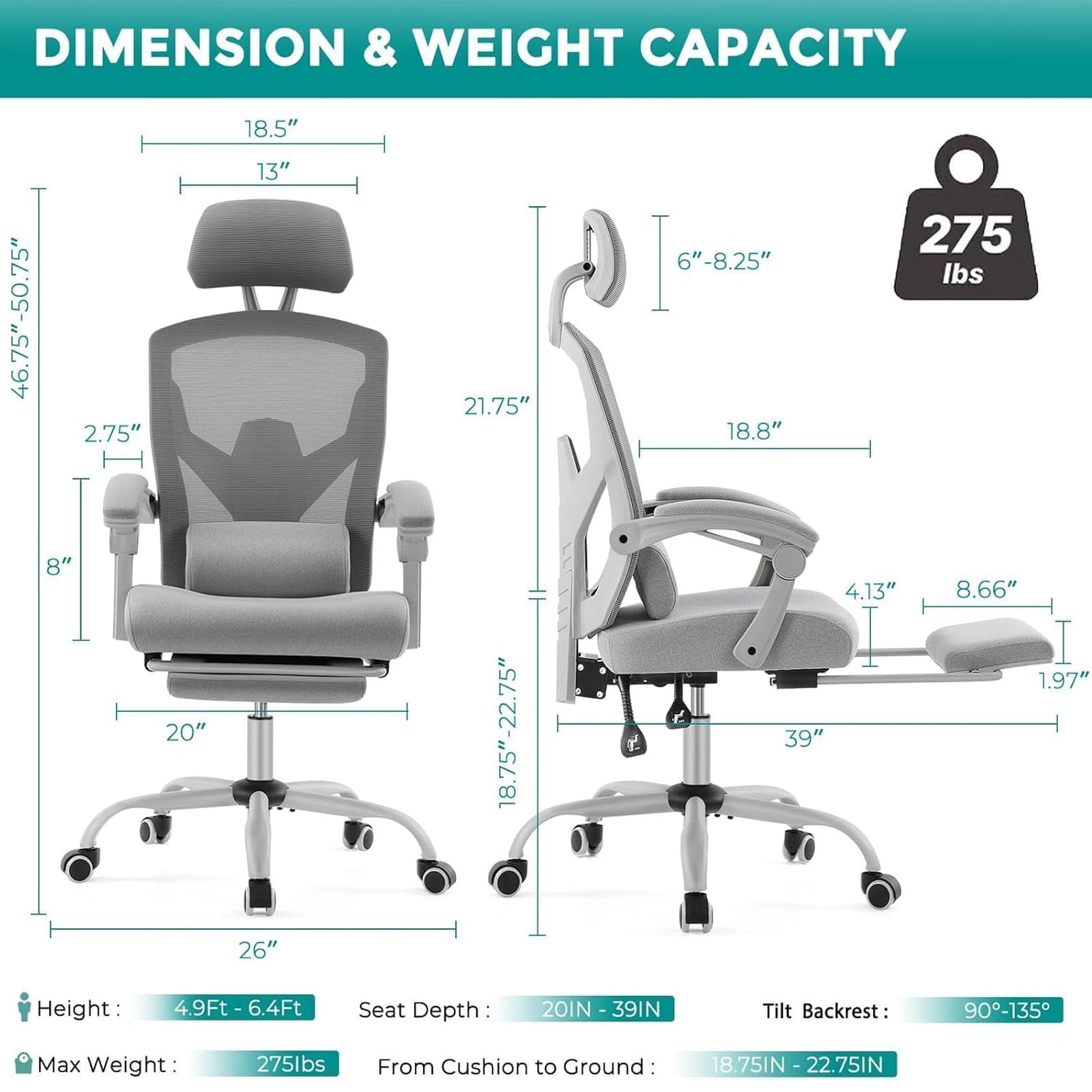 Casabay Ergonomic Home Office Desk Chair, High Back Mesh Reclining Swivel Chair with Footrest & Armrest for Back Pain Relief, Gray