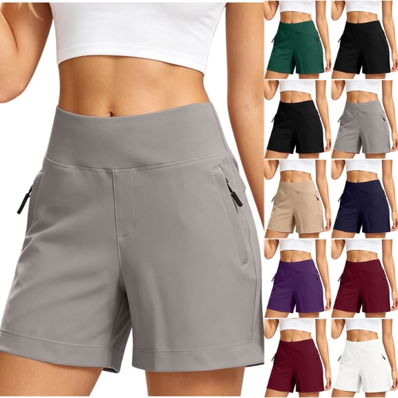 Bloomae Women's Elastic High Waisted Hiking Golf Shorts Lightweight Stretch Athletic Shorts Summer Outdoor Basic Solid Color Short Pants with Zipper Pockets