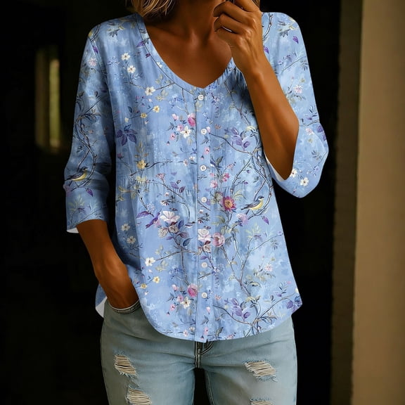 Zysthvn Floral Casual Womens Tops Summer 3/4 Sleeve Tunic Women T Shirts Breathable Loose Fit V-Neck