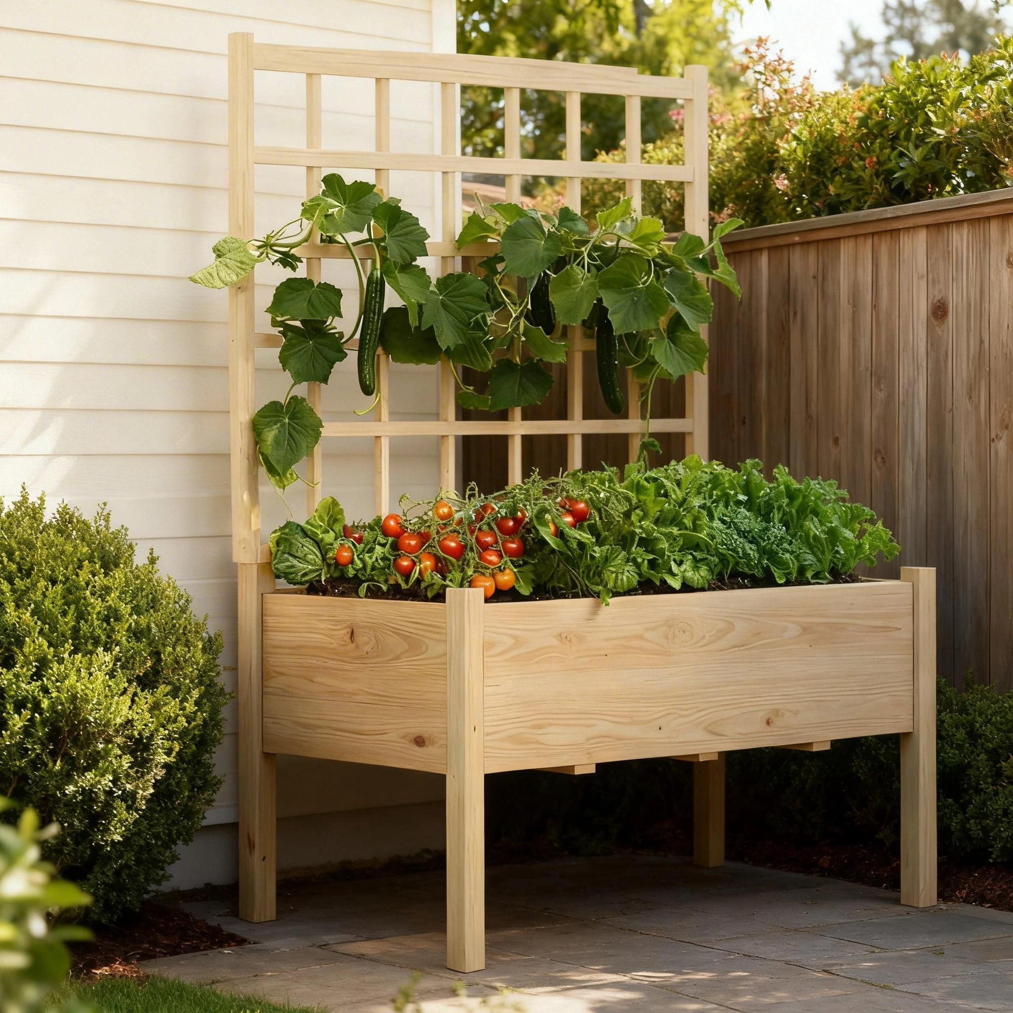 Riedhoff Raised Garden Bed with Lattice Trellis, 46 x 23 x 65", with Legs, Oak